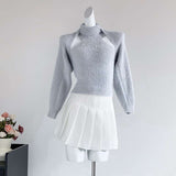 High Neck Cold-Shoulder Sleeves Crop Top - Free Size, Grey image