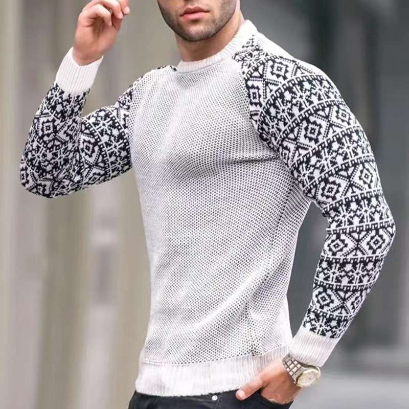 Round Neck Sweater With Patterned Sleeves - XXL, White image
