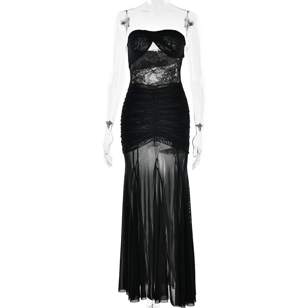 Strapless Ruched Maxi Dress with Lace image 6