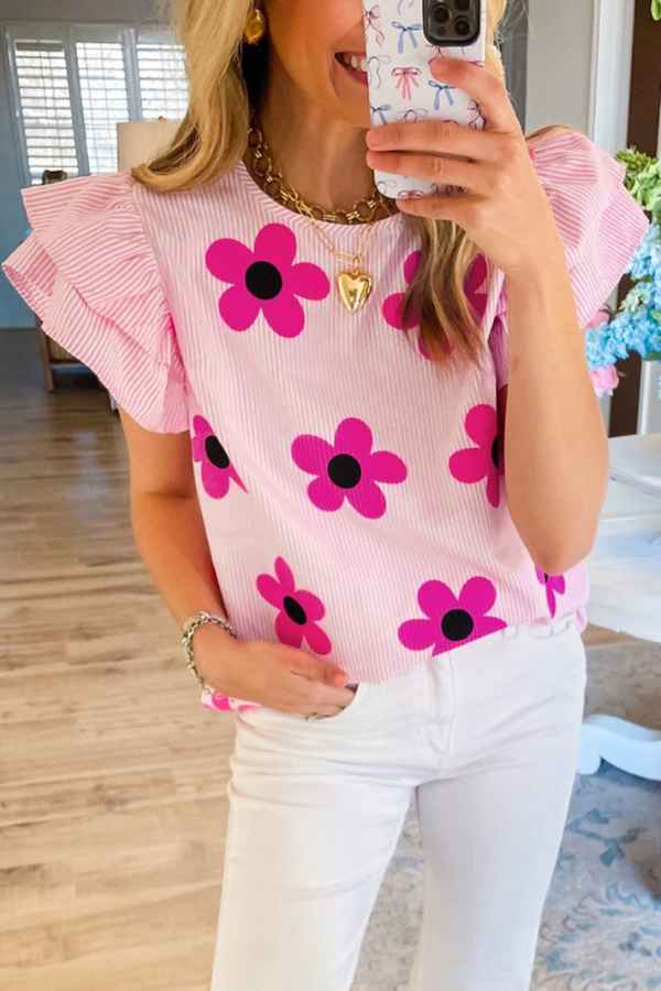 Floral Ruffled Sleeve Round Neck Striped Blouse Top image 0