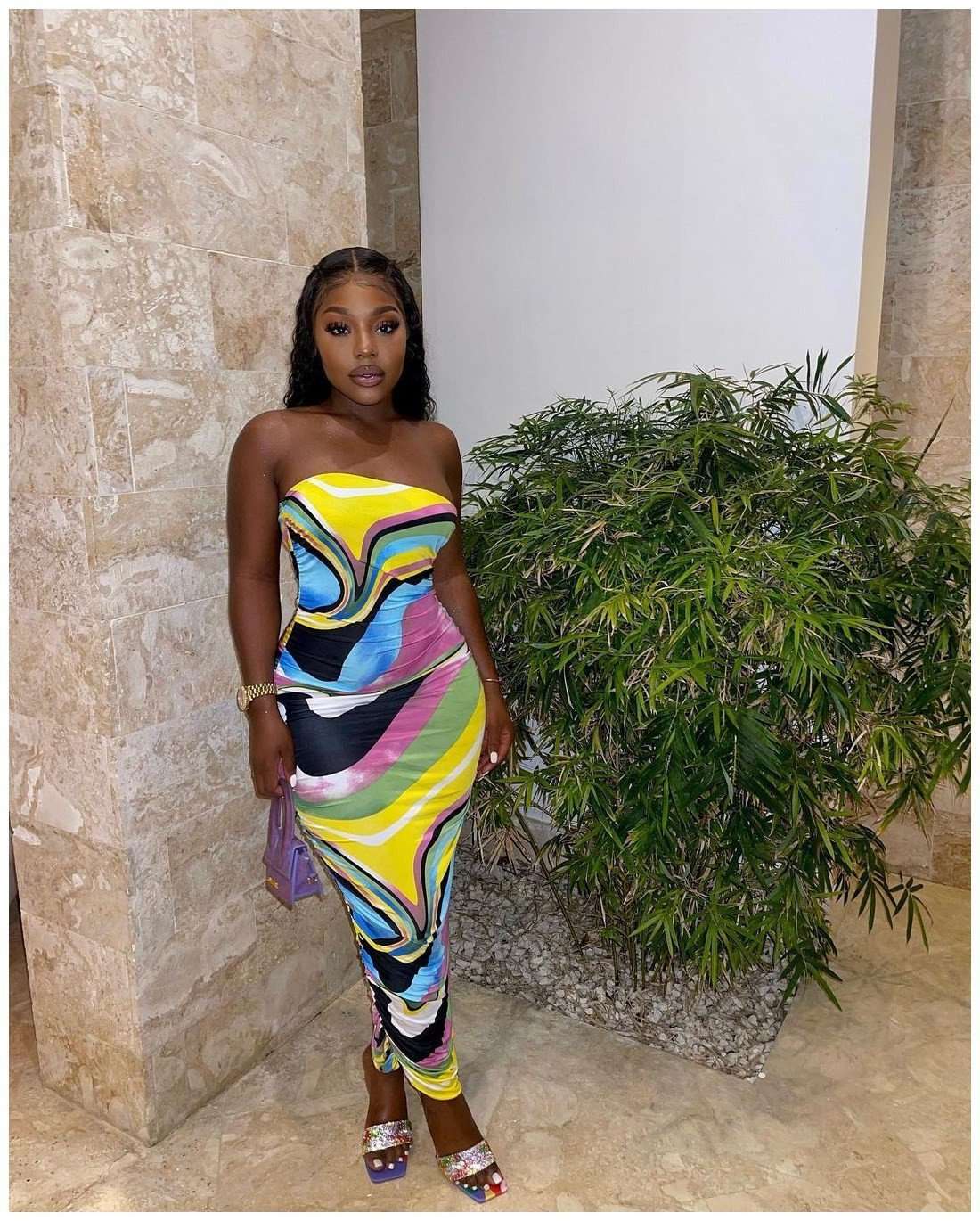 Strapless Abstract Print Maxi Dress - S, Multi Blue image