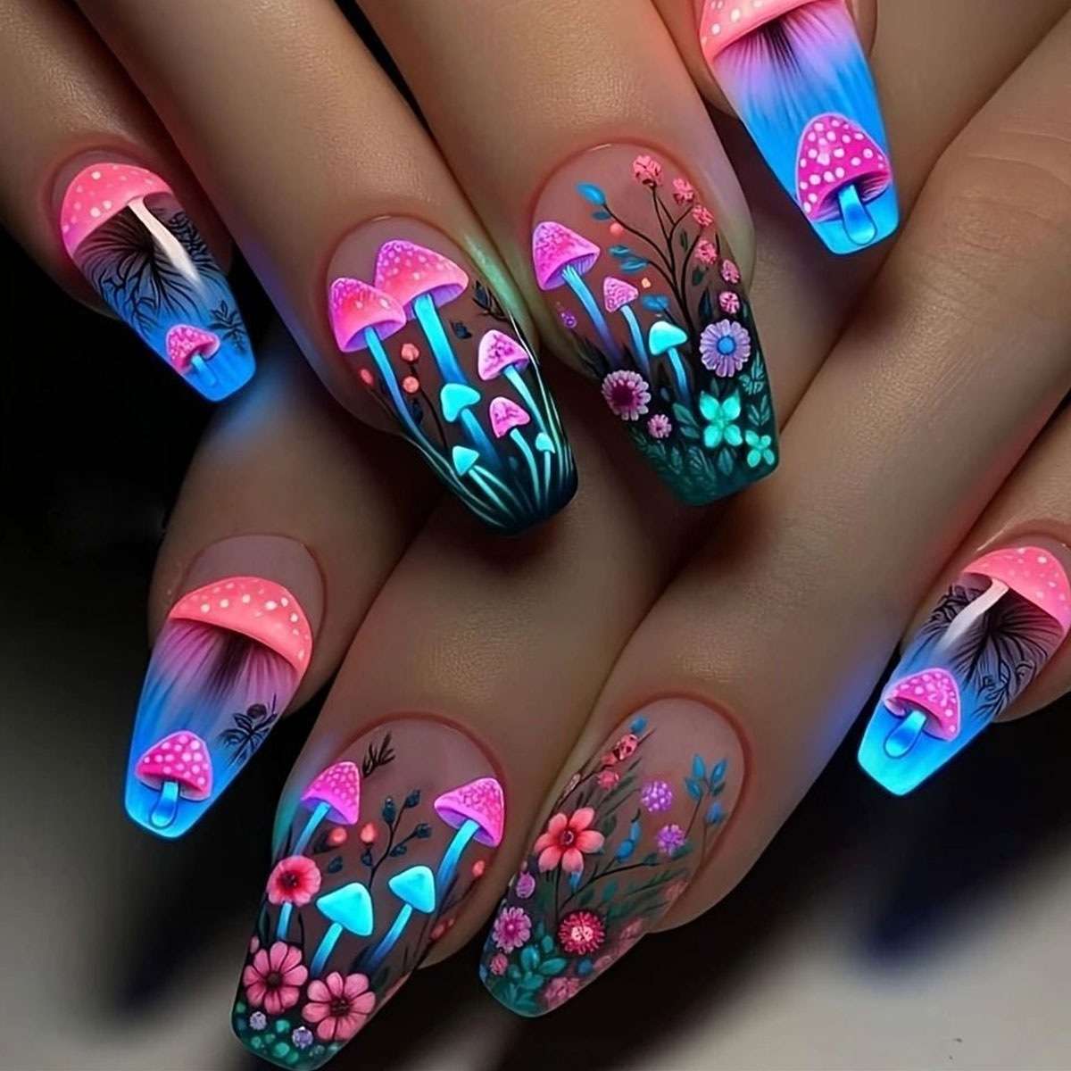 Neon Mushroom and Floral Nail Art - Free Size, Blue image
