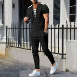 Stylish Men's Casual Laced Front T-Shirt & Pants Set - S, Black image