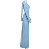 Blue Ruched Long Sleeve Evening Gown image 3