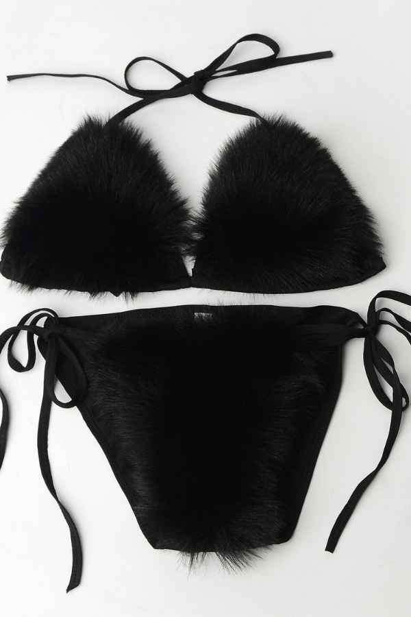 Sexy Fluffy Fur Bikini Swimwear Two Piece Set image 2