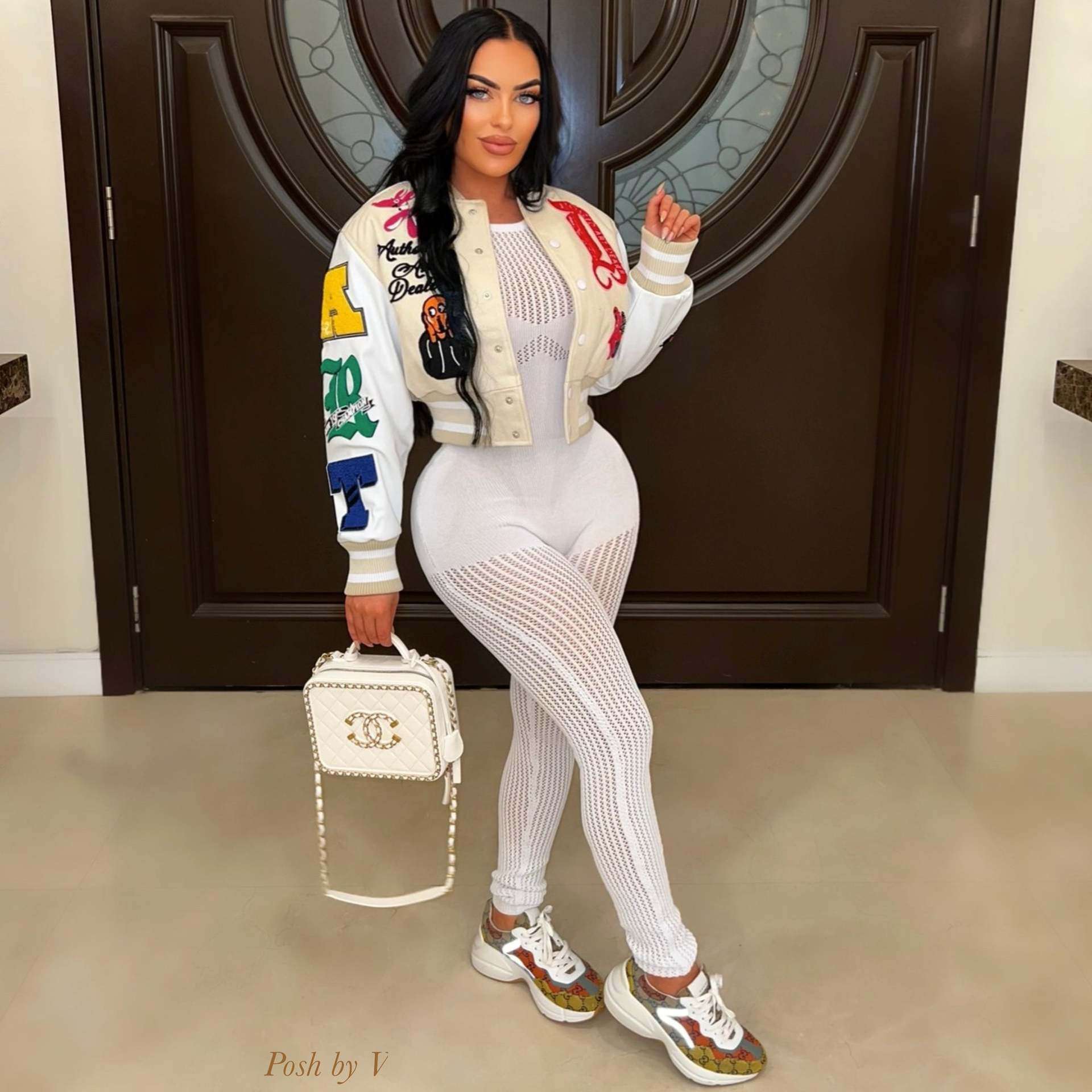 Button Up Printed Crop Fitted Baseball Jacket image 0