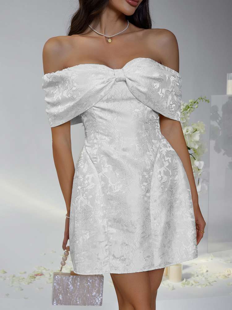 Off-Shoulder Dress with Bow Detail - L, White image