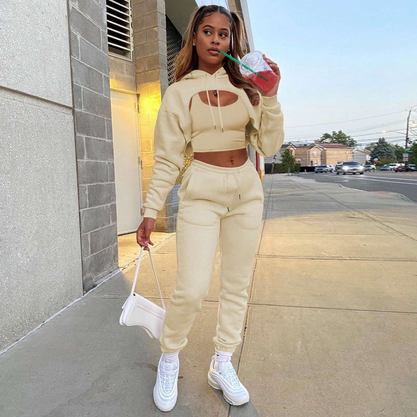 Crop Top Hoodie Tank Sweatpants 3 piece set - XL, Cream Beige image