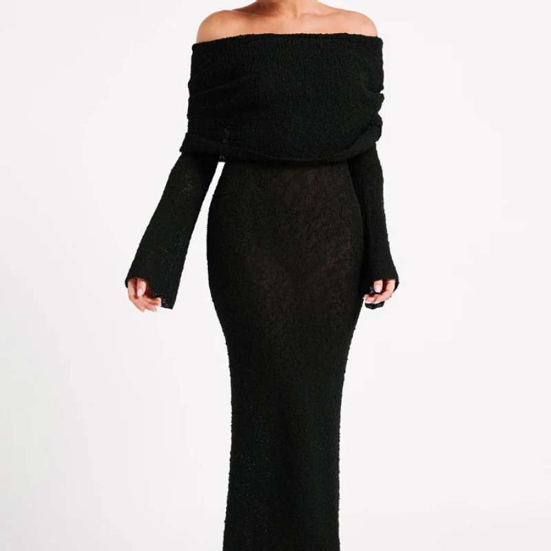 Off Shoulder Long Sleeve Dress - L, Black image