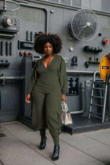 Solid Rib Knit V-Neck Jumpsuits - S, Herbal Green image