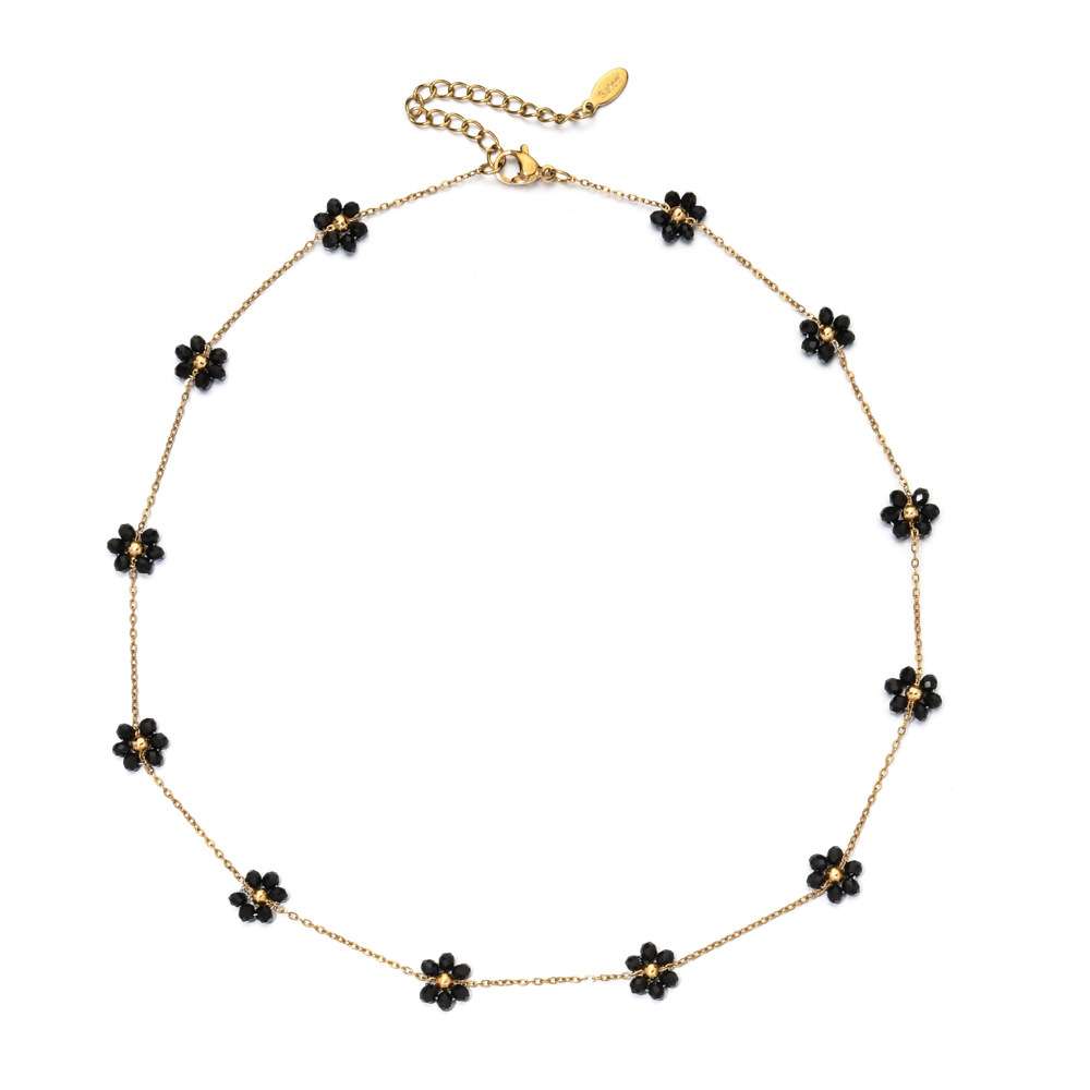 Gold Necklace with Pearl and Floral Crystal - Free Size, Black image