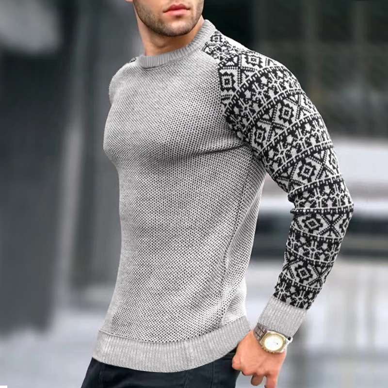 Round Neck Sweater With Patterned Sleeves - XL, Light Grey image