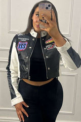 Colorblock High Neck Biker Jacket - M, Black image