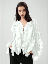 Elegant Ruffled Sheer Blouse - L, White image