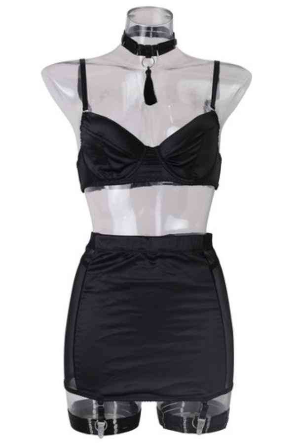 Sexy Sheer Patched Satin Mini Skirt 5pcs Lingerie Set image 3