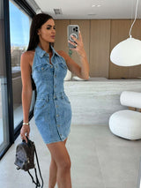 Sleeveless Button-Front Dress with Belt - XL, Blue image