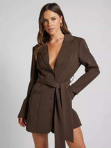 Elegant Belted Blazer Dress - L, Brown image