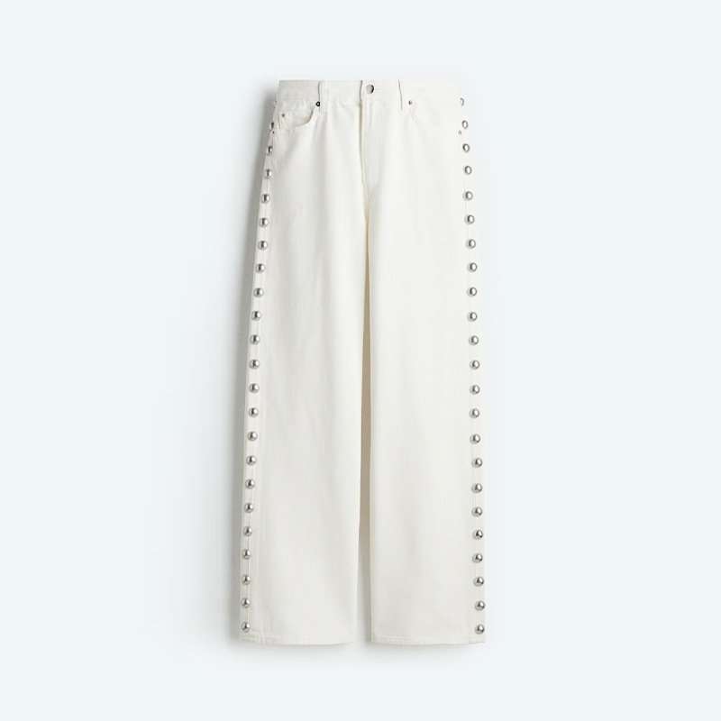 Wide-Leg Pants with Side Studded Detailing - L, White image
