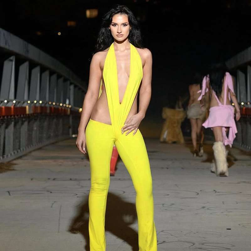 Deep Plunge Halter Jumpsuit - S, Yellow image