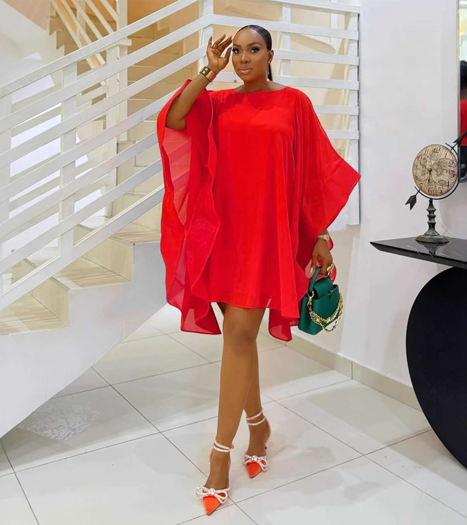 Elegant Flowing Dress with Capes - L, Red image