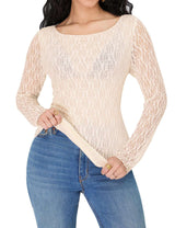 Lace Long-Sleeve Top with Sheer Detailing - M, Beige image