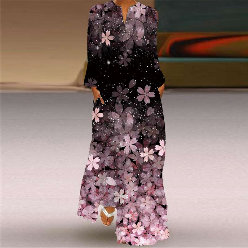 Printed Long Sleeve V-neck Dress - S, Multi Pink image