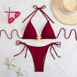 Ribbed Triangle String Bikini Set - L, Dark Red image