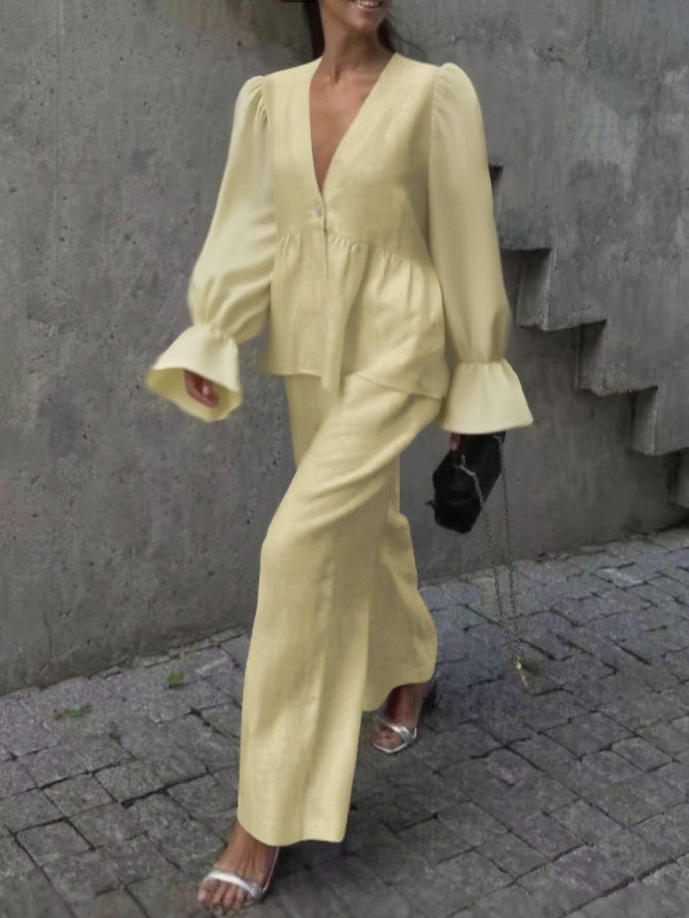 V-Neck Blouse with Flared Sleeves & Pants Set image 0