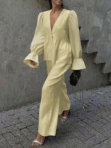 V-Neck Blouse with Flared Sleeves & Pants Set image 0