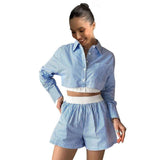 Fashion Stripe Long Sleeve Crop Shirt Shorts Set - M, Sky Blue image