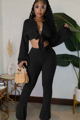 Sexy Knit Long Sleeve Top Two Piece Flared Pants Set image 4