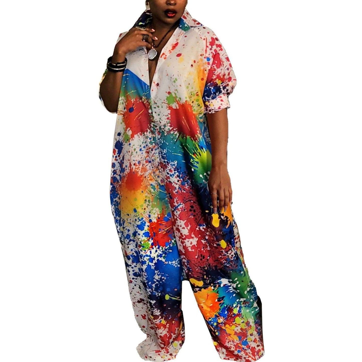 Half Sleeve Printed Baggy Jumpsuit - S, Multi Beige image