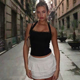 Backless Lace-up Lace Tank Top - M, Black image