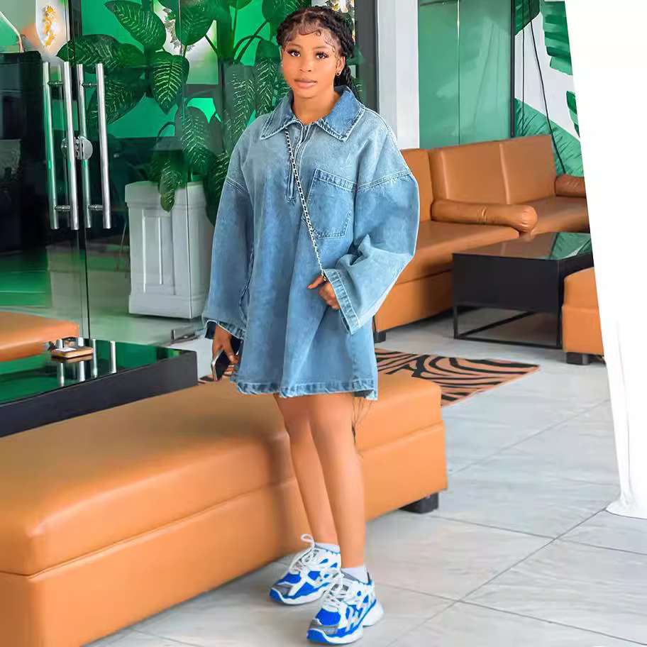 Casual Long Sleeve Denim Dress - M, Blue image