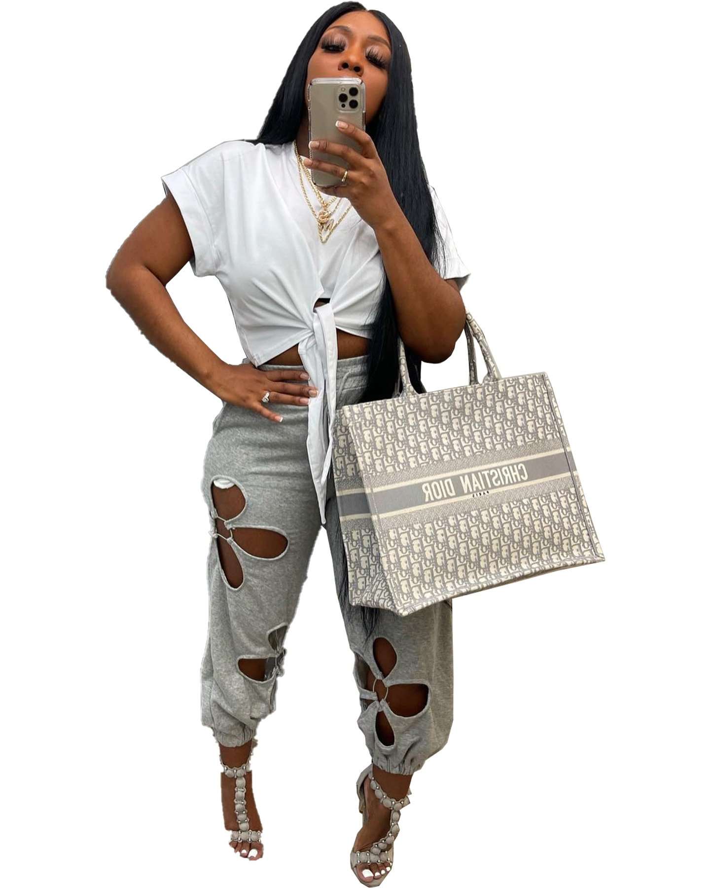 Hollow Out High Waisted Wide Leg Sweatpants - M, Grey image