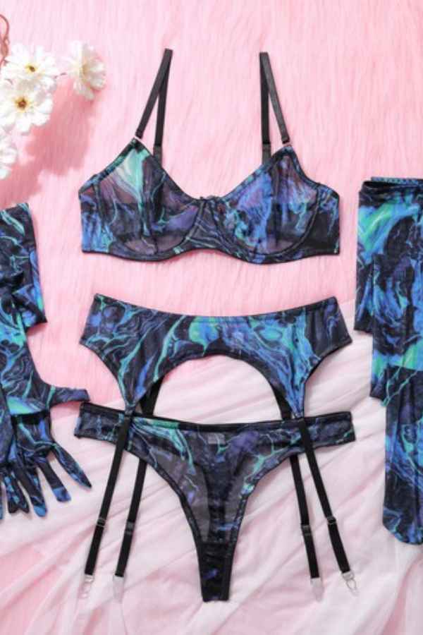 Sexy Printed Bodysuit Stockings Five Piece Lingerie Set image 1