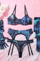 Sexy Printed Bodysuit Stockings Five Piece Lingerie Set image 1