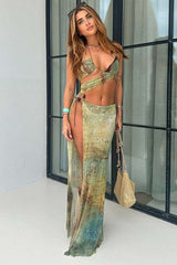 Asymmetrical Cut Out Maxi Dress - L, Multi Green image