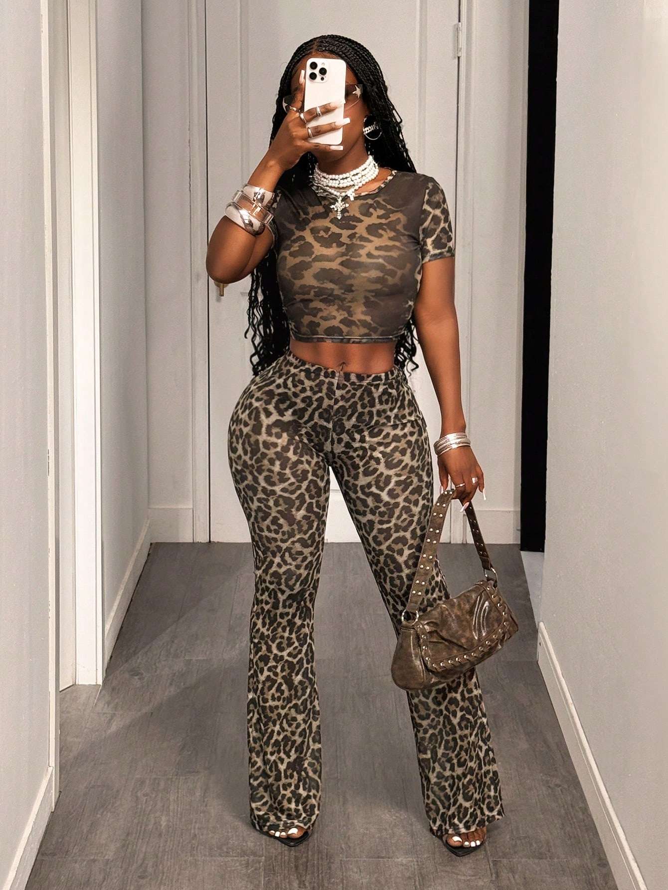Leopard Print Crop Top & Flared Pants Set - M, Brown image