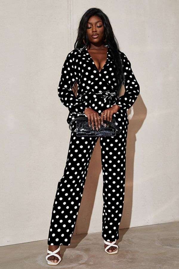 Casual Polka Dot Lace-up  Jumpsuit - L, Black image