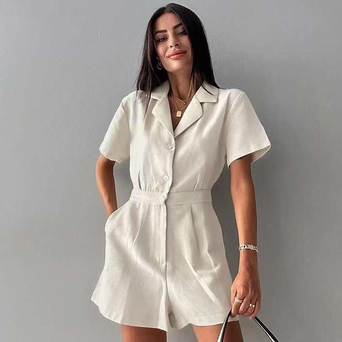 Casual Chic Button-Up Romper - L, Beige image