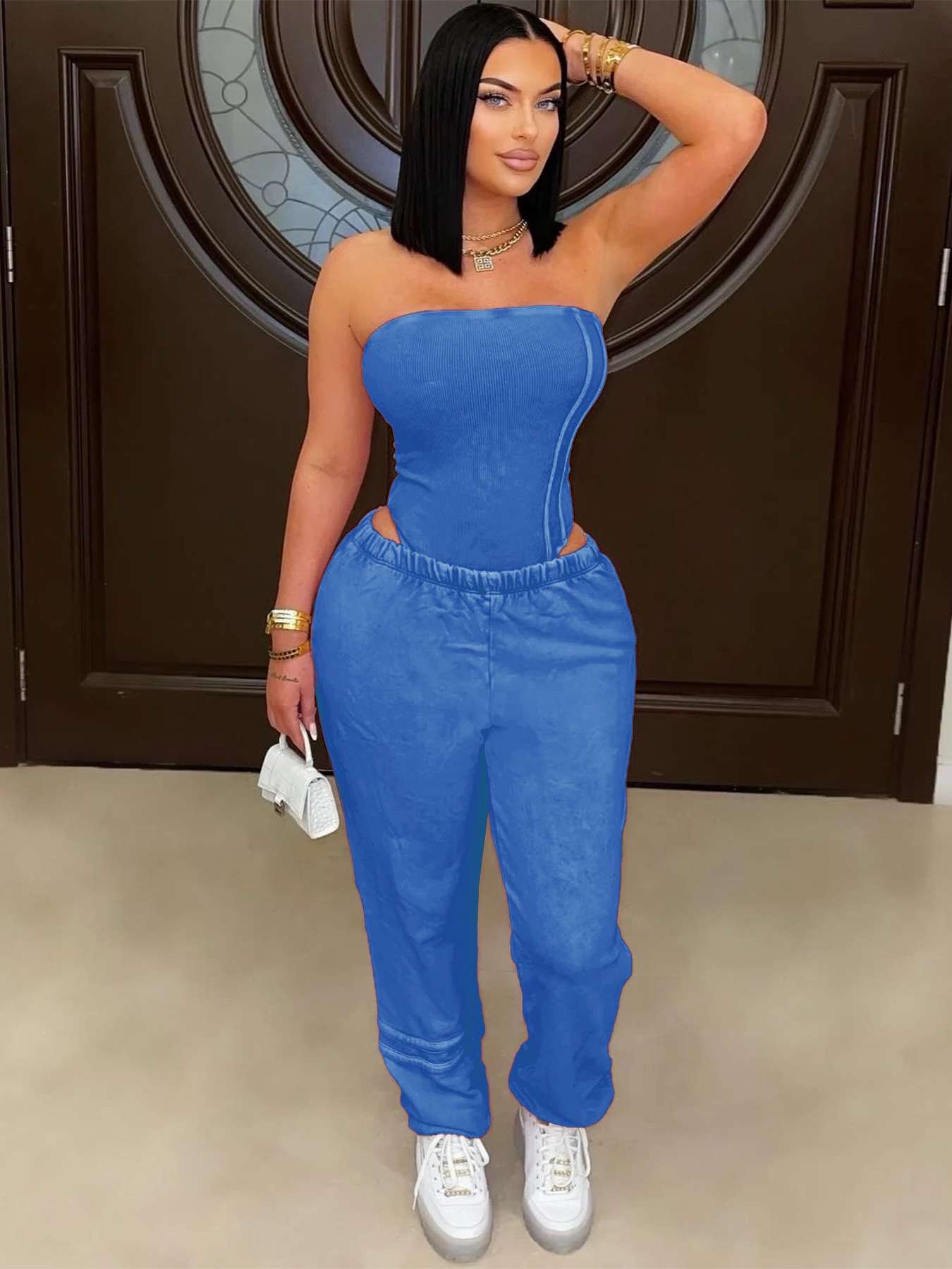 Strapless Solid Two-Piece Set - M, Blue image