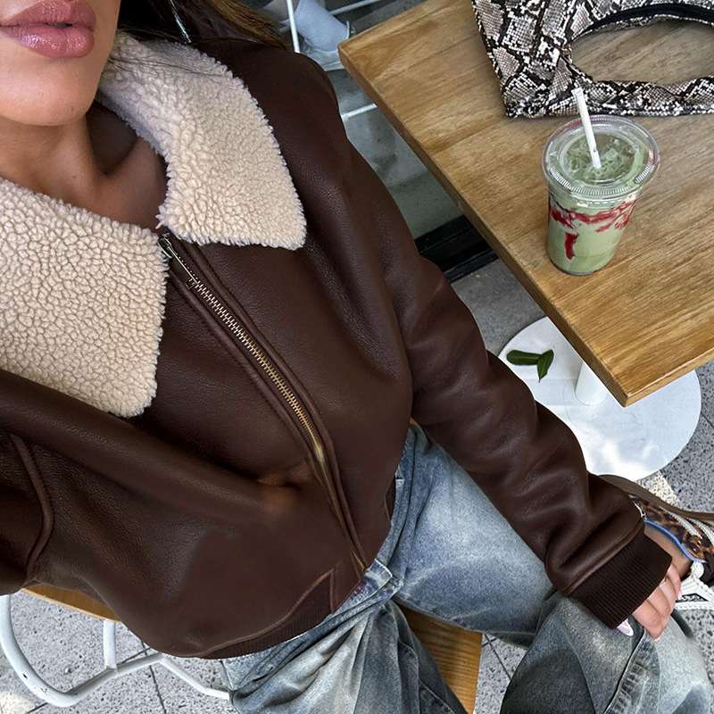 Fur Trim Collar Zipper Bomber Jacket image 2