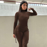 Solid Bodycon Long Sleeve Co-ords Set - S, Brown image