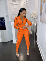 Long Sleeve Zipper Romper Jumpsuit - S, Orange image