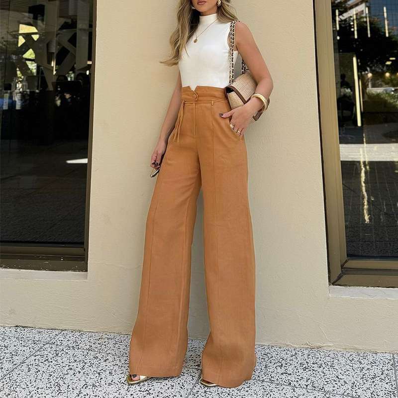 High Waist Wide Leg Pants for Women - XL, Cocoa Brown image