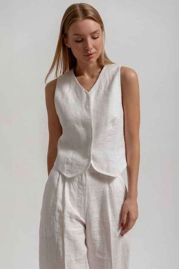 Minimalistic Cotton Wide Leg Pants Button Down Vest Set image 2
