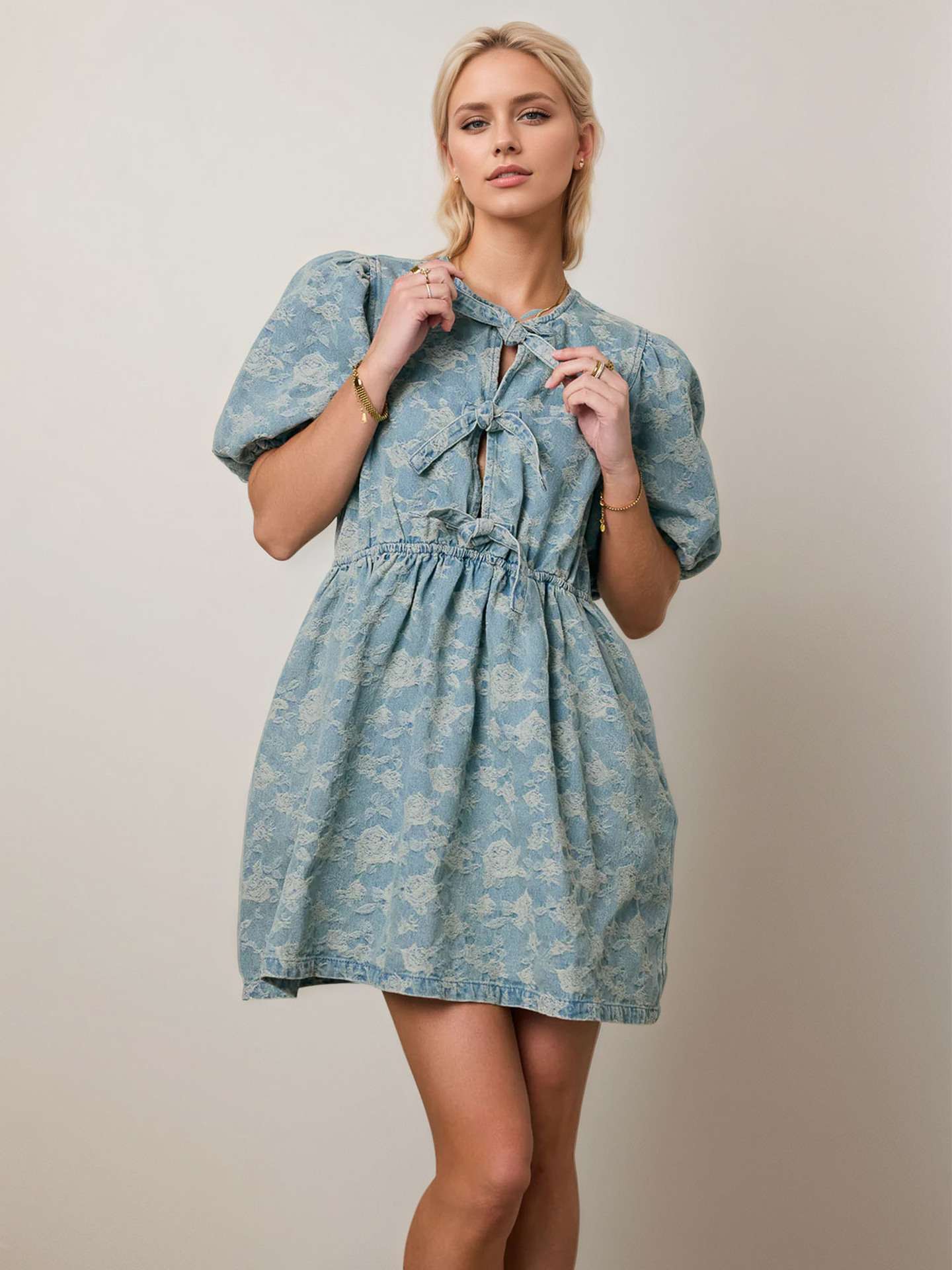 Floral Pattern Short Sleeve Dress with Bow Detail - M, Blue image