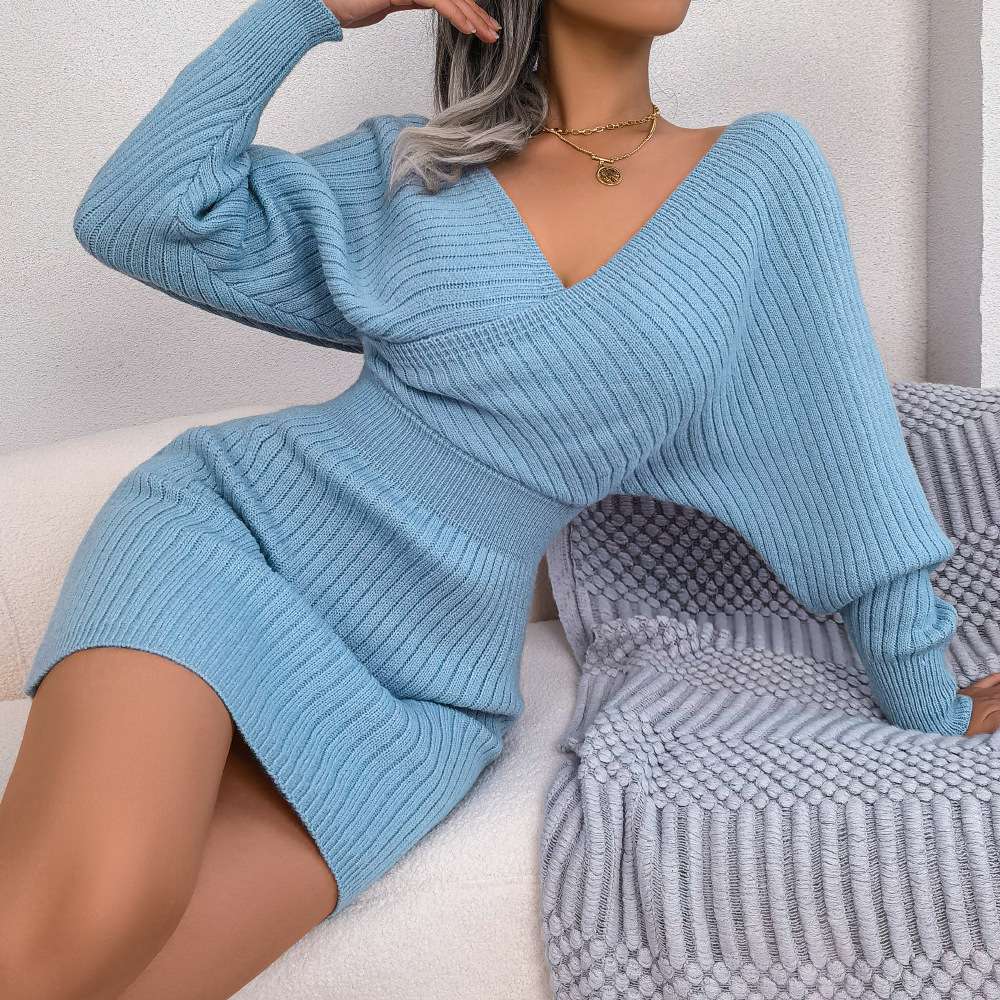 Ribbed Vneck Sweater Dress - M, Blue image