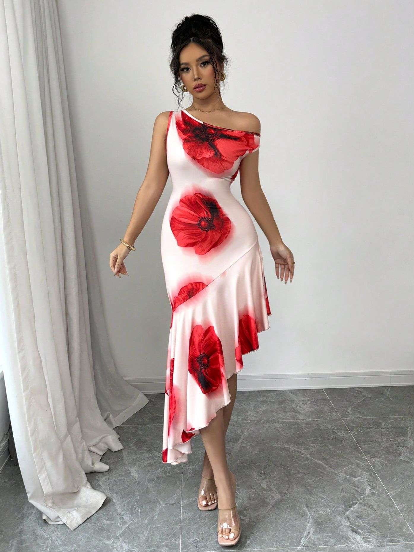 Asymmetric Off-Shoulder Floral Midi Dress image 1